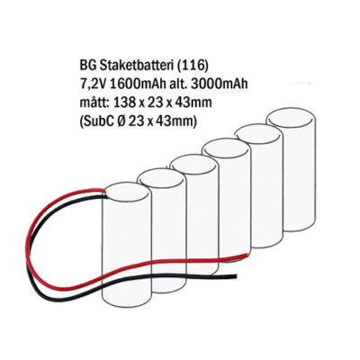 Staketbatteri SubC 7,2V 3000mAh NiMH med trådar 20cm