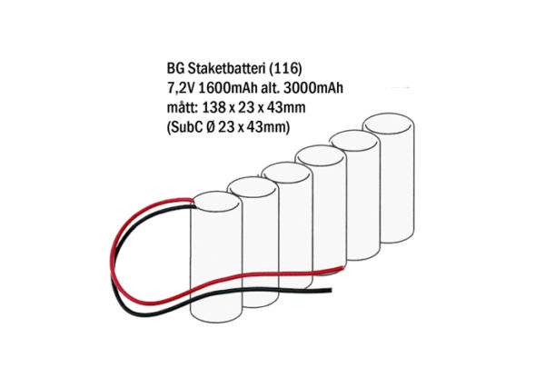 Staketbatteri SubC 7,2V 3000mAh NiMH med trådar 20cm